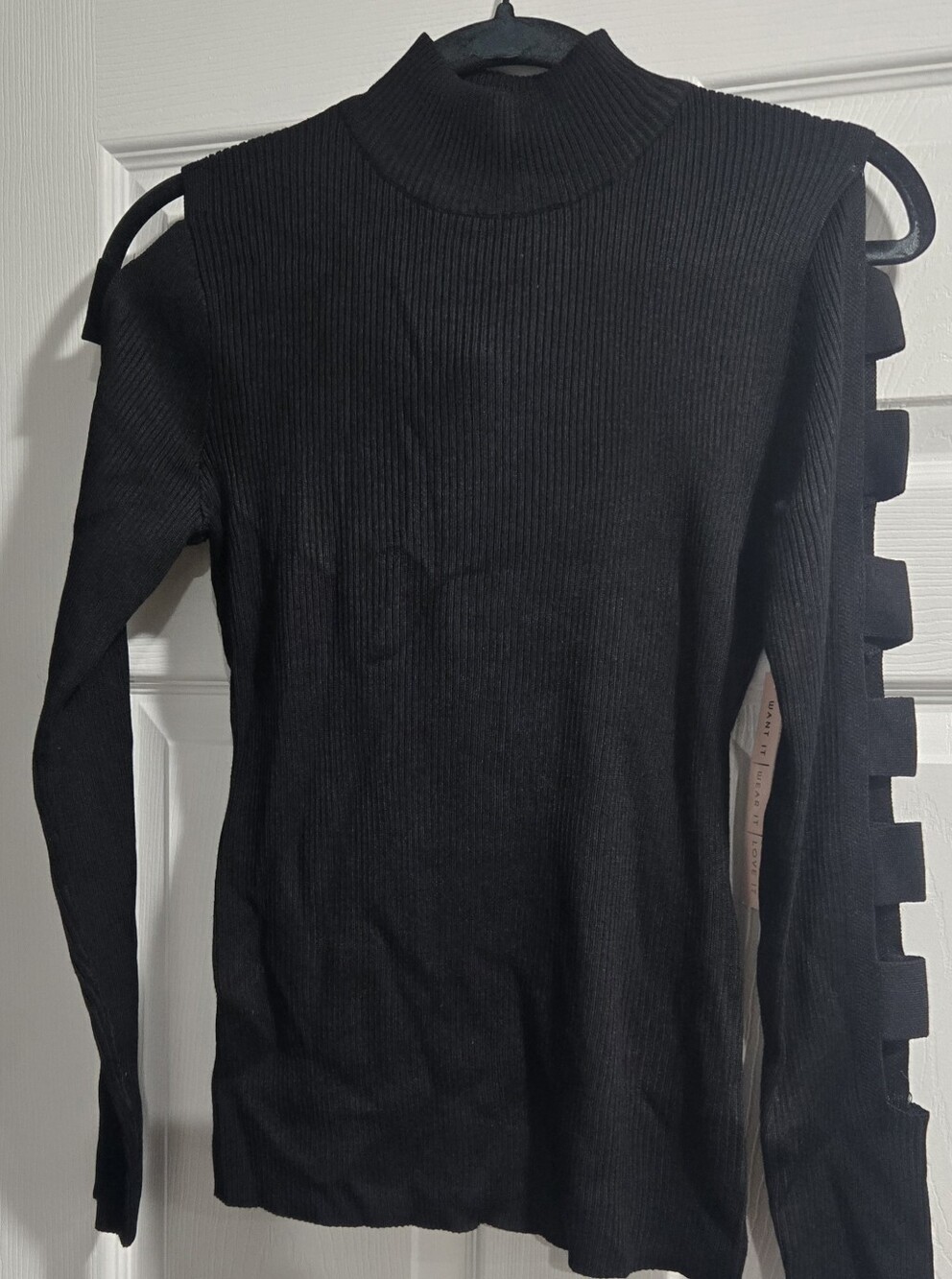 Crave Fame Black Ribbed Mock Neck Sweater with Ladder Sleeve Cutouts